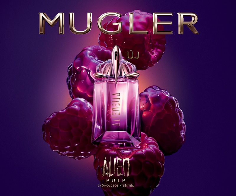Mugler Alien Pulp MND_HERO_Home_Cat_page_banner_800x667px_.jpg Mugler Alien Pulp lila üvegű parfüm málnás háttérrel, gyümölcsös illatú újdonság.